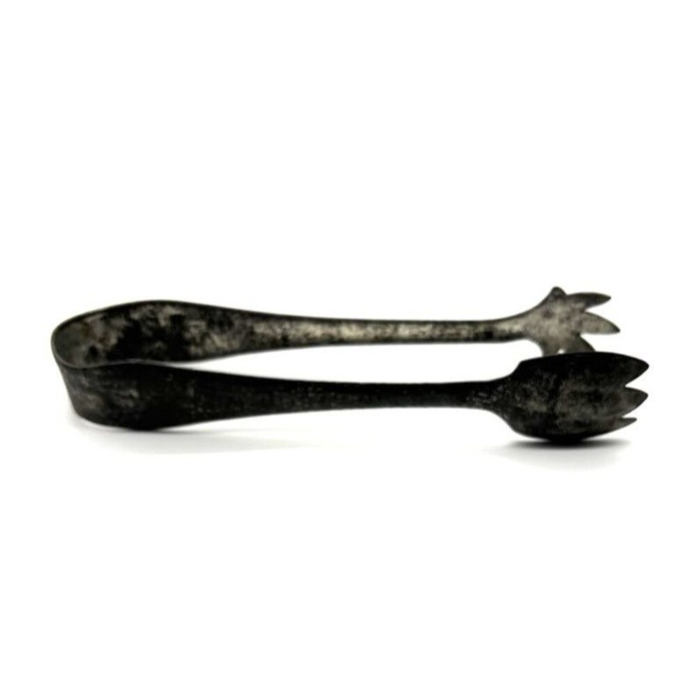 Antique Forged Steel Serving Tongs Floral Tulip Ends Primitive Kitchen 7"